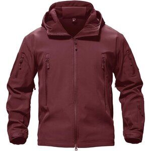 Men's #09-wine Red Tactical Soft Shell Winter Jacket with Fleece Lining & Hood
